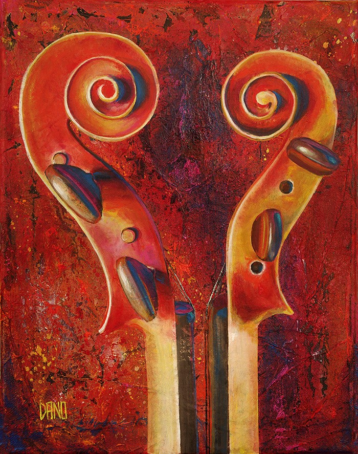 "Two Violins #2 (Heart to Heart)" – Acrylic painting on canvas (11" w x 14"h)