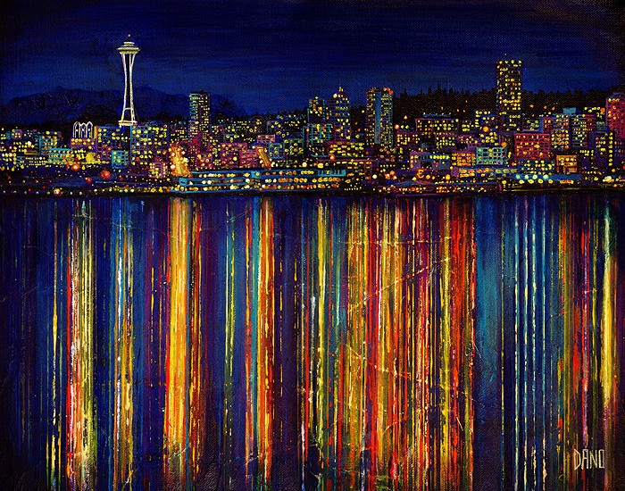 Painting of Seattle Night Skyline on Lake Union
