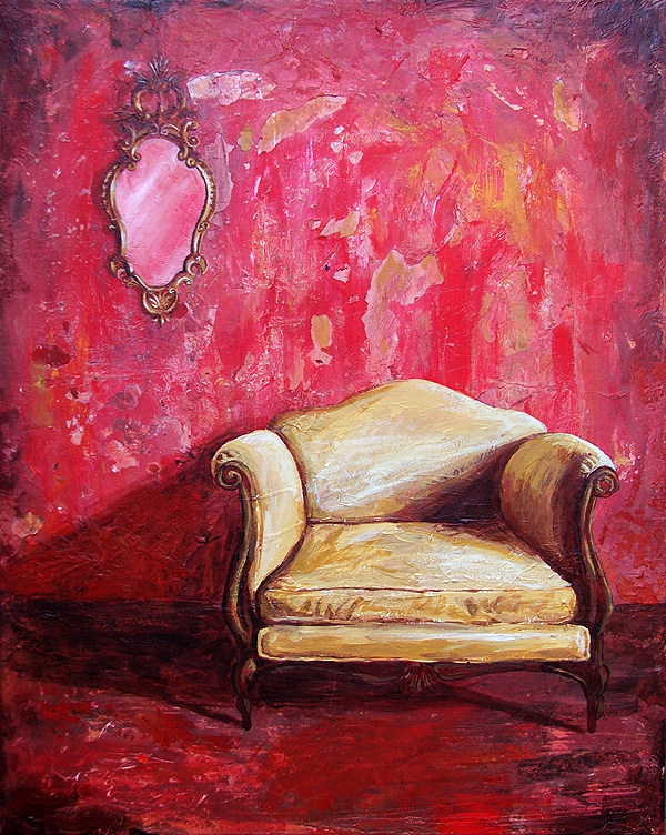 'Find a Seat #5' - Acrylic painting on canvas (16"w x 20"h). Artist: Daniel (Dano) Carver